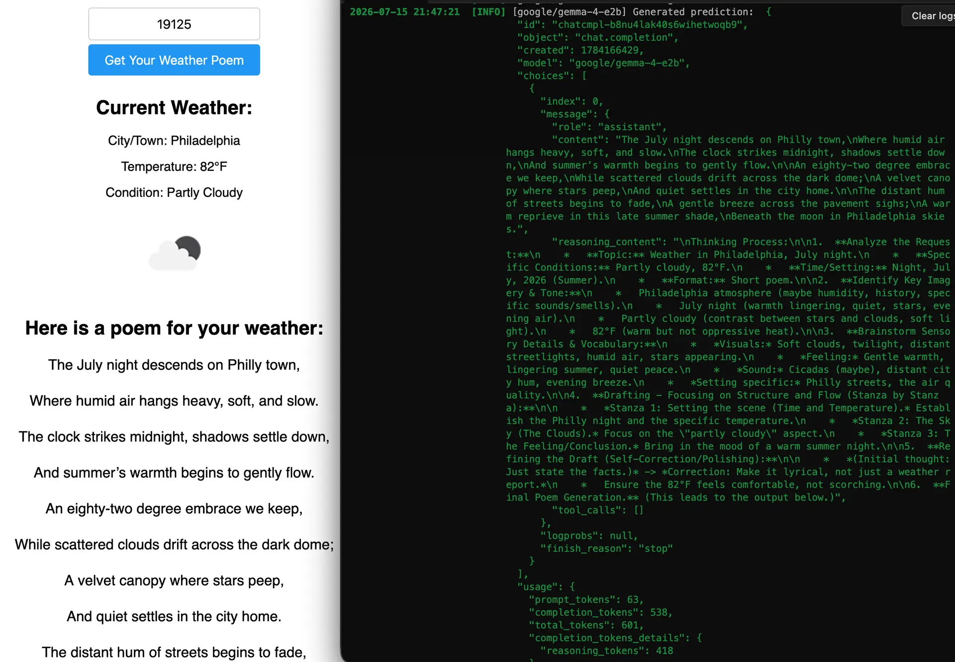 Cool to see the "thinking" in the logs and the final poem